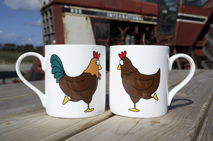 Pair of mugs with a cockerel and a hen illustration